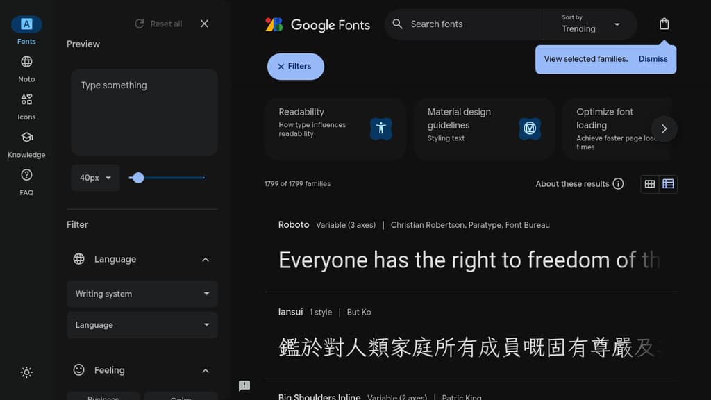 A screenshot of Google Fonts